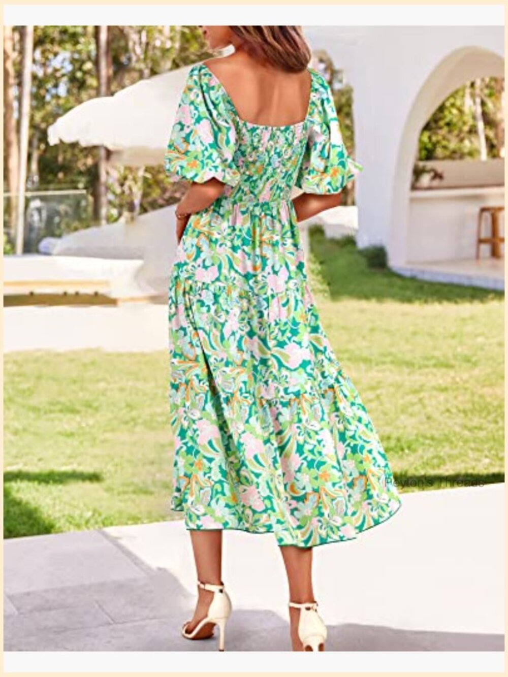 Summer Boho Floral Maxi Dress Square Neck Puff Sleeve Smocked - Picture 4 of 7